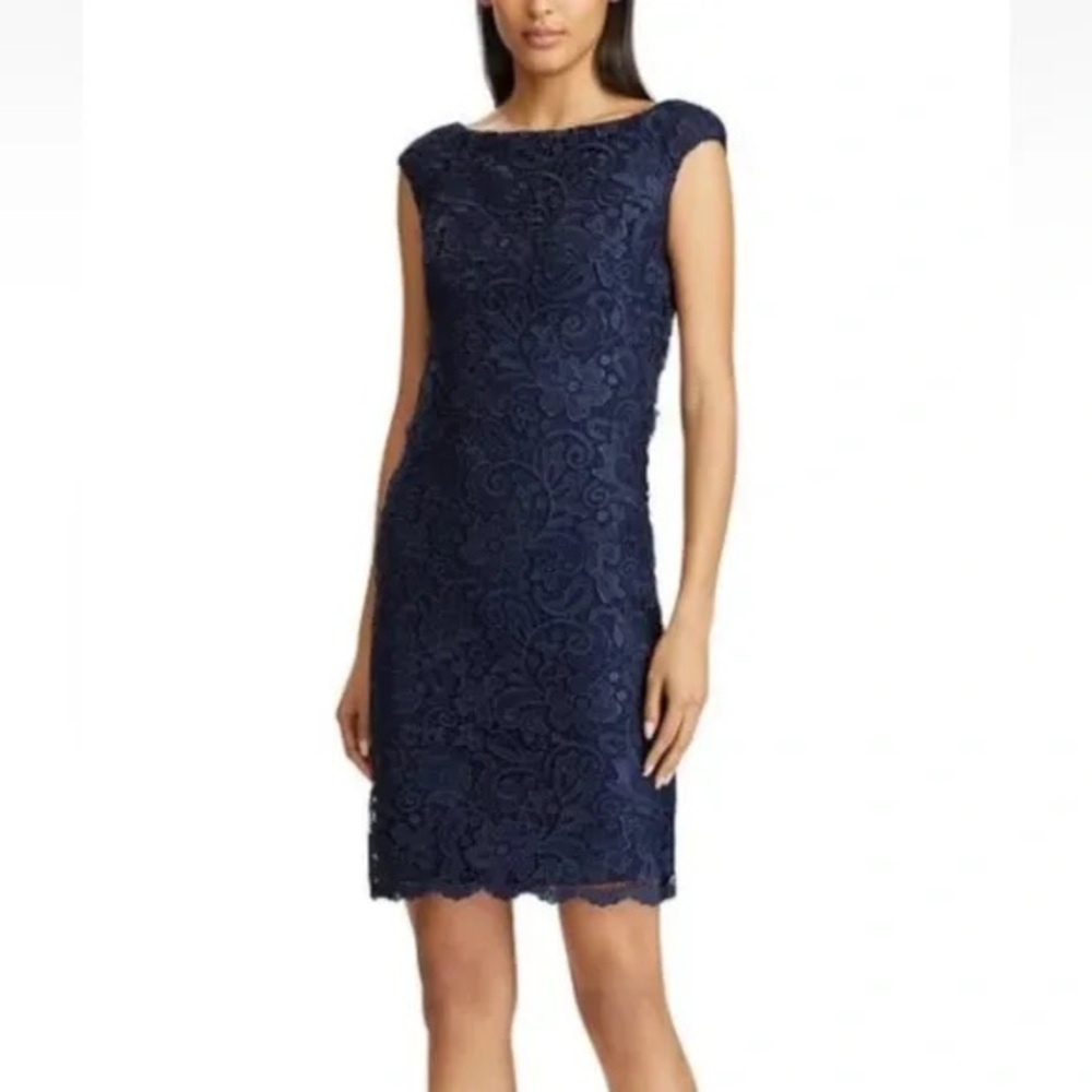 NEW NWT RALPH LAUREN Lace Sheath Cocktail  Lighthouse Navy Blue  dress. Size 4